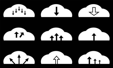 Bulutlar indiriliyor. İnternet ve iş için bir takım ikonlar. Okları olan beyaz vektör bulutları. Gönderme düğmeleri