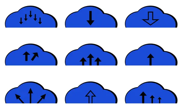 Хмари Завантажуються Набір Іконок Інтернету Бізнесу Чорно Сині Векторні Хмари — стоковий вектор