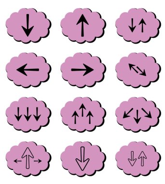 Bulutlar indiriliyor. İnternet ve iş için bir takım ikonlar. Okları olan siyah ve mor vektör bulutları. Gönderme düğmeleri