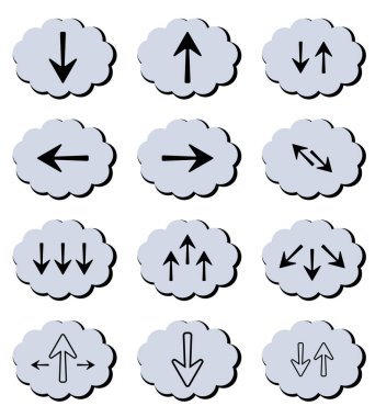 Bulutlar indiriliyor. İnternet ve iş için bir takım ikonlar. Okları olan siyah ve gri vektör bulutları. Gönderme düğmeleri