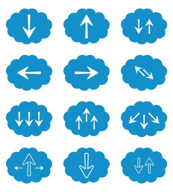 Bulutlar indiriliyor. İnternet ve iş için bir takım ikonlar. Okları olan mavi vektör bulutları. Gönderme düğmeleri