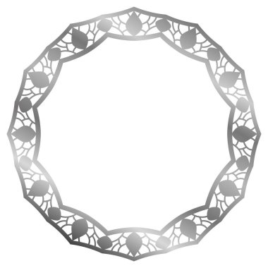 Beyaz üzerinde çiçek süsü olan gümüş çerçeve. Vektör. Metal defne çelengi
