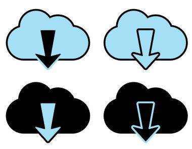 Bulutlar indiriliyor. İkonlar. Okları olan siyah ve mavi vektör bulutları. Gönderme düğmeleri