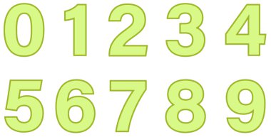 Beyaza izole edilmiş sayılar dizisi. Sayılı alfabe. Tasarım için vektör grafik elementler. Çerçeveli yeşil sayılar