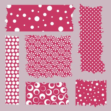 Pembe kurdeleler. Washi kolleksiyonunu vektör şeklinde yapıyor. Albümler için dekoratif kaset parçaları. Antika etiketler seti. Tatil, Noel, yeni yıl, kart, davetiye. Polka nokta deseni