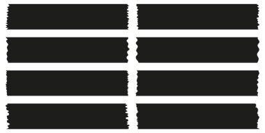 Beyaza izole edilmiş siyah washi bantları. Washi kaset koleksiyonu vektör olarak. Albümler için dekoratif kaset parçaları. Yırtık kağıt