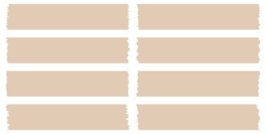 Beyaza izole edilmiş kahverengi washi bantları. Washi kaset koleksiyonu vektör olarak. Albümler için dekoratif kaset parçaları. Yırtık kağıt