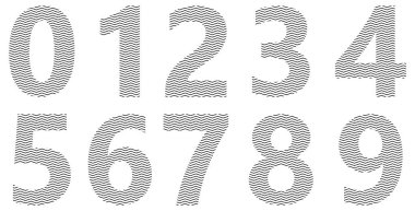 Beyaza izole edilmiş siyah sayılar kümesi. Sayılı alfabe. Tasarım için vektör grafik elementler. Zigzag çizgileri, dalgalı çizgiler