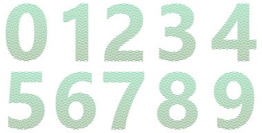 Beyaza izole edilmiş yeşil sayılar kümesi. Sayılı alfabe. Tasarım için vektör grafik elementler. Zigzag çizgileri, dalgalı çizgiler