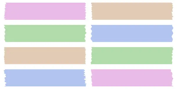 Beyaza izole edilmiş renkli washi bantları. Washi kaset koleksiyonu vektör olarak. Albümler için dekoratif kaset parçaları. Yırtık kağıt