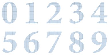 Beyaza izole edilmiş mavi kağıt numaraları. Hücredeki defterden bir kağıt. Alfabe. Tasarım için vektör grafik ögeleri