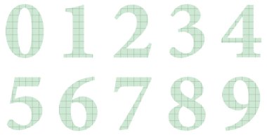 Beyaza izole edilmiş yeşil kağıt numaraları. Hücredeki defterden bir kağıt. Alfabe. Tasarım için vektör grafik ögeleri