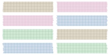 Kağıt çarşaf takımı. Albümler için dekoratif kaset parçaları. Washi kaset koleksiyonu vektör olarak. Yırtılmış kağıt. Hücredeki bir defterden yırtılmış kağıt parçası. Renkli kurdeleler