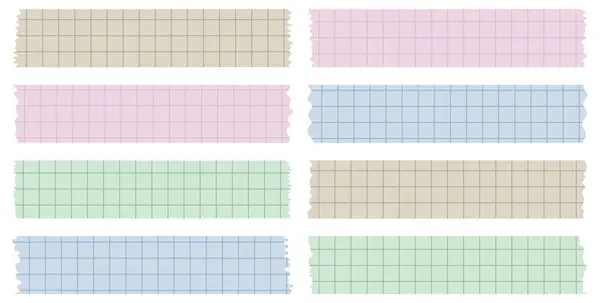 Kağıt çarşaf takımı. Albümler için dekoratif kaset parçaları. Washi kaset koleksiyonu vektör olarak. Yırtılmış kağıt. Hücredeki bir defterden yırtılmış kağıt parçası. Renkli kurdeleler