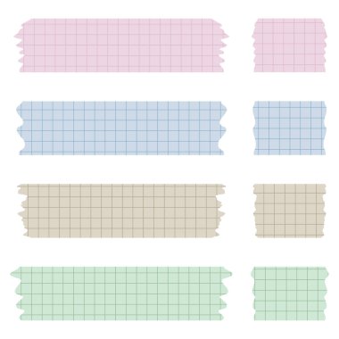 Kağıt çarşaf takımı. Albümler için dekoratif kaset parçaları. Washi kaset koleksiyonu vektör olarak. Yırtılmış kağıt. Hücredeki bir defterden yırtılmış kağıt parçası. Renkli kurdeleler