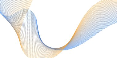 Pankart dalgalarıyla soyut arkaplan. Orta boy pankart. Çizgileri olan vektör arkaplanı. Tasarım elementi beyazda izole edildi. Mavi ve turuncu