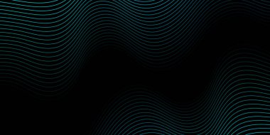 Pankart dalgalarıyla soyut arkaplan. Orta boy pankart. Çizgileri olan vektör arkaplanı. Tasarım elementi siyahta izole edildi. Siyah ve mavi. Okyanus, gece, kart