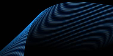 Pankart dalgalarıyla soyut arkaplan. Orta boy pankart. Çizgileri olan vektör arkaplanı. Tasarım elementi siyahta izole edildi. Siyah ve mavi. Okyanus, gece, kart