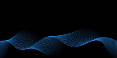 Pankart dalgalarıyla soyut arkaplan. Orta boy pankart. Çizgileri olan vektör arkaplanı. Tasarım elementi siyahta izole edildi. Siyah ve mavi. Okyanus, gece, kart