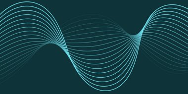 Pankart dalgalarıyla soyut arkaplan. Orta boy pankart. Çizgileri olan vektör arkaplanı. Mavi tavus kuşu üzerinde izole edilmiş tasarım elementi. Mavi renk. Okyanus, gece. Broşür, kitapçık.