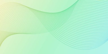 Pankart dalgalarıyla soyut arkaplan. Orta boy pankart. Çizgileri olan vektör arkaplanı. Renkli. Yeşil, mavi, sarı. Broşür, kitapçık.