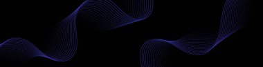 Pankart dalgalarıyla soyut arkaplan. Web pankartı boyutu. Çizgileri olan vektör arkaplanı. Tasarım elementi siyahta izole edildi. Siyah ve mavi. Okyanus, su, karanlık.