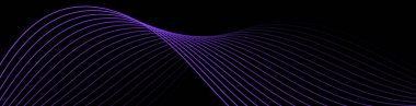 Pankart dalgalarıyla soyut arkaplan. Web pankartı boyutu. Çizgileri olan vektör arkaplanı. Tasarım elementi siyahta izole edildi. Siyah ve mor