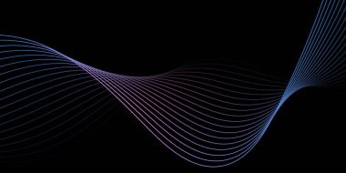 Pankart dalgalarıyla soyut arkaplan. Orta boy pankart. Çizgileri olan vektör arkaplanı. Tasarım elementi siyahta izole edildi. Renkli gradienr. Pembe ve mavi. Broşür.