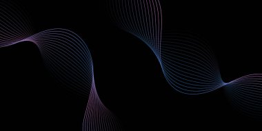 Pankart dalgalarıyla soyut arkaplan. Orta boy pankart. Çizgileri olan vektör arkaplanı. Tasarım elementi siyahta izole edildi. Renkli gradienr. Pembe ve mavi. Broşür.