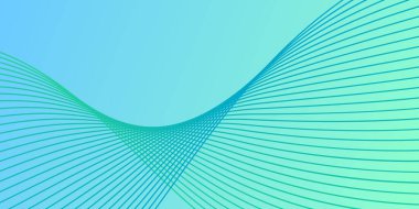 Pankart dalgalarıyla soyut arkaplan. Orta boy pankart. Çizgileri olan vektör arkaplanı. Tasarım elementi. Yeşil ve mavi gradyan. Doğa, su. Broşür, kitapçık.