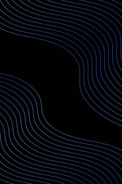 Pankart dalgalarıyla soyut arkaplan. Standart poster boyutunda. Çizgileri olan vektör geometrik arkaplan. Tasarım elementi siyahta izole edildi. Mavi gradyan. Su, okyanus. Broşür, kitapçık.