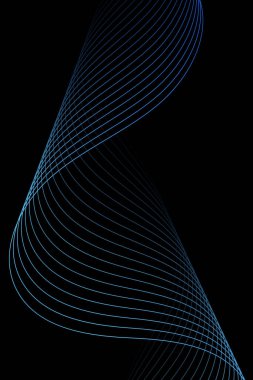 Pankart dalgalarıyla soyut arkaplan. Standart poster boyutunda. Çizgileri olan vektör geometrik arkaplan. Tasarım elementi siyahta izole edildi. Mavi gradyan. Su, okyanus. Broşür, kitapçık.