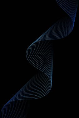 Pankart dalgalarıyla soyut arkaplan. Standart poster boyutunda. Çizgileri olan vektör geometrik arkaplan. Tasarım elementi siyahta izole edildi. Mavi gradyan. Su, okyanus. Broşür, kitapçık.