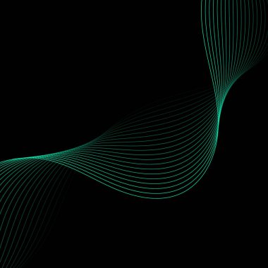 Dalgalarla soyut arkaplan. Çizgileri olan vektör pankartı. Müzik albümü, poster, kart, reklam için arka plan. Tasarım elementi siyahta izole edildi. Yeşil ve siyah gradyan. Turkuaz rengi