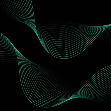 Dalgalarla soyut arkaplan. Çizgileri olan vektör pankartı. Müzik albümü, poster, kart, reklam için arka plan. Tasarım elementi siyahta izole edildi. Yeşil ve siyah gradyan. Turkuaz rengi
