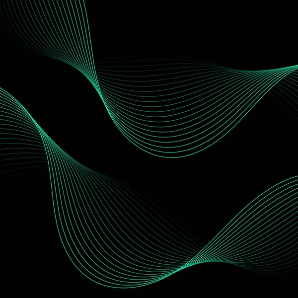 Dalgalarla soyut arkaplan. Çizgileri olan vektör pankartı. Müzik albümü, poster, kart, reklam için arka plan. Tasarım elementi siyahta izole edildi. Yeşil ve siyah gradyan. Turkuaz rengi