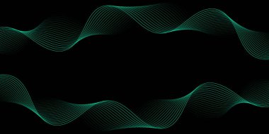 Pankart dalgalarıyla soyut arkaplan. Orta boy pankart. Çizgileri olan vektör arkaplanı. Tasarım elementi siyahta izole edildi. Yeşil ve siyah gradyan. Turkuaz rengi. Broşür, kitapçık.