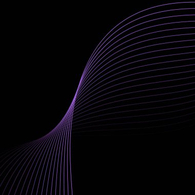 Dalgalarla soyut arkaplan. Çizgileri olan vektör pankartı. Müzik albümü, poster, kart, reklam için arka plan. Tasarım elementi siyahta izole edildi. Mor ve siyah eğim