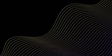 Pankart dalgalarıyla soyut arkaplan. Orta boy pankart. Çizgileri olan vektör arkaplanı. Tasarım elementi siyahta izole edildi. Mor ve sarı renkte. Broşür, kitapçık.