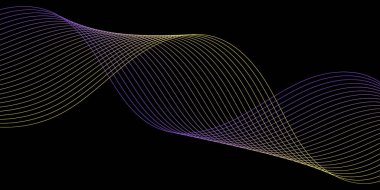 Pankart dalgalarıyla soyut arkaplan. Orta boy pankart. Çizgileri olan vektör arkaplanı. Tasarım elementi siyahta izole edildi. Mor ve sarı renkte. Broşür, kitapçık.