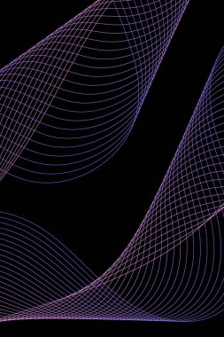 Pankart dalgalarıyla soyut arkaplan. Standart poster boyutunda. Çizgileri olan vektör geometrik arkaplan. Tasarım elementi siyahta izole edildi. Mor ve pembe gradyan. Broşür, kitapçık.