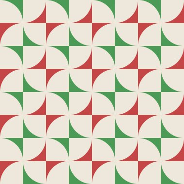 Şekiller ve karelerle kusursuz geometrik desen. Soyut arkaplan. Müzik albümü, poster, kart, reklam için arka plan. Vektör çizimi. Kırmızı, bej, yeşil