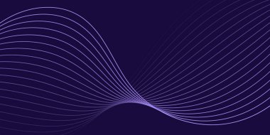 Pankart dalgalarıyla soyut arkaplan. Orta boy pankart. Koyu mor üzerine izole edilmiş çizgilerle vektör arkaplanı. Mor renkte. Broşür, kitapçık.