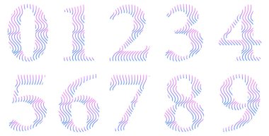 Beyaza izole edilmiş sayılar dizisi. Sayılı alfabe. Tasarım için vektör grafik elementler. Dalgalar ve çizgiler. Pembe ve mavi gradyan. Renkli