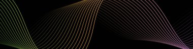 Pankart dalgalarıyla soyut arkaplan. Web pankartı boyutu. Çizgileri olan vektör arkaplanı. Tasarım elementi siyahta izole edildi. Renkli bir eğilim. Yeşil, mor, sarı. Gece, karanlık.