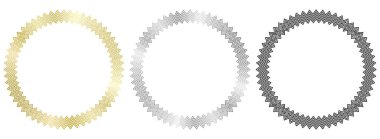 Beyaz üzerine izole edilmiş siyah, altın ve gümüş yuvarlak metal çerçeveler. Fotoğraf için vektör çerçevesi. Mesaj, sertifika, resim, diploma çerçevesi. Lüks, altın, düğün, kutlama. Zig Zag çerçeveleri