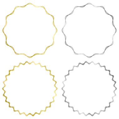 Beyaza izole edilmiş altın ve gümüş yuvarlak metal çerçeveler. Fotoğraf için vektör çerçevesi. Mesaj, sertifika, resim, diploma çerçevesi. Lüks, altın, düğün, kutlama. Dalgalı çerçeveler