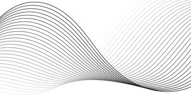 Pankart dalgalarıyla soyut arkaplan. Orta boy pankart. Beyaz üzerine izole edilmiş çizgilerle vektör arkaplanı. Siyah ve beyaz gradyan. Broşür, kitapçık.