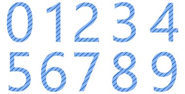 Beyaza izole edilmiş çizgili sayılar kümesi. Sayılı alfabe. Tasarım için vektör grafik elementler. Çizgiler. Mavi renk