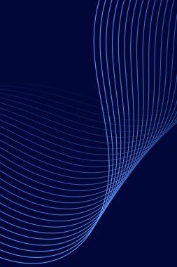 Pankart dalgalarıyla soyut arkaplan. Standart poster boyutunda. Çizgileri olan vektör geometrik arkaplan. Tasarım elementi koyu mavi üzerine izole edilmiş. Mavi gradyan. Broşür, kitapçık.